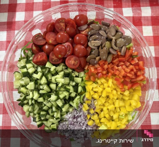 קערת סלט עם ירקות צבעוניים על מפה משובצת